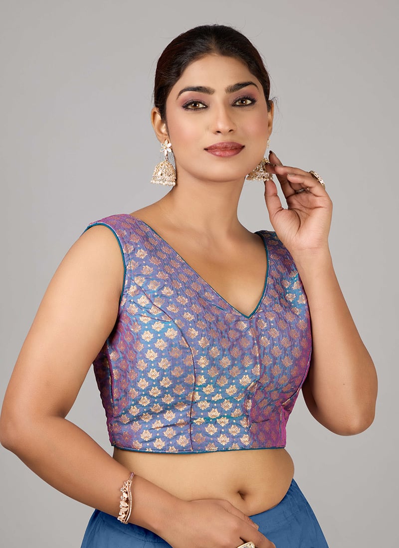 Blue Jacquard Blouse Festive Wear