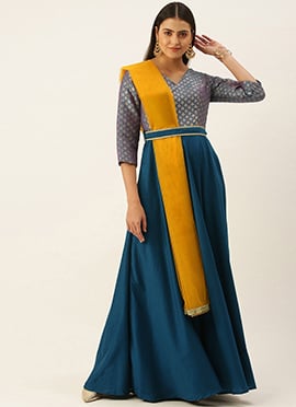 Blue Jacquard N Freesia Yellow Dupatta Style Gown