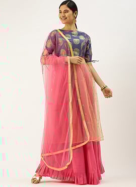 Blue Jacquard N Pink Art Silk Long Choli Lehenga