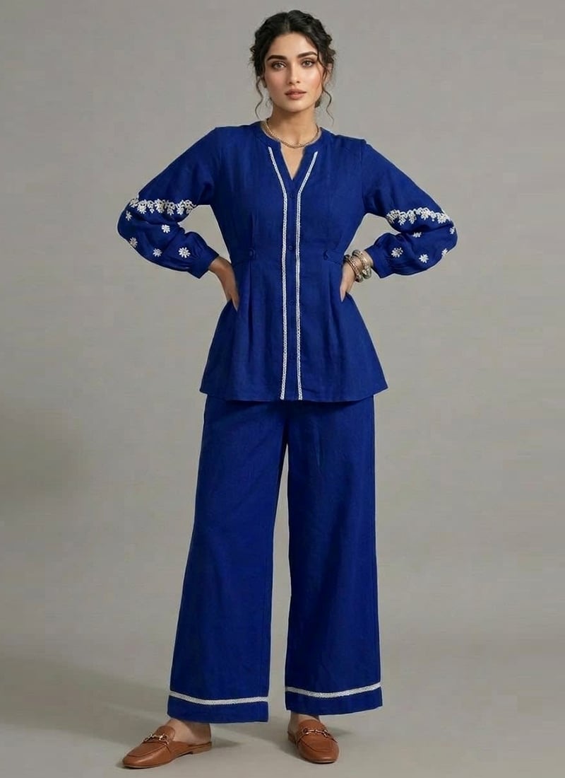 Blue Linen Cotton Stunning Co Ord Set After Six Wear