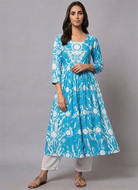 Blue Modal Silk Fit And Flare Indo Kurta Set