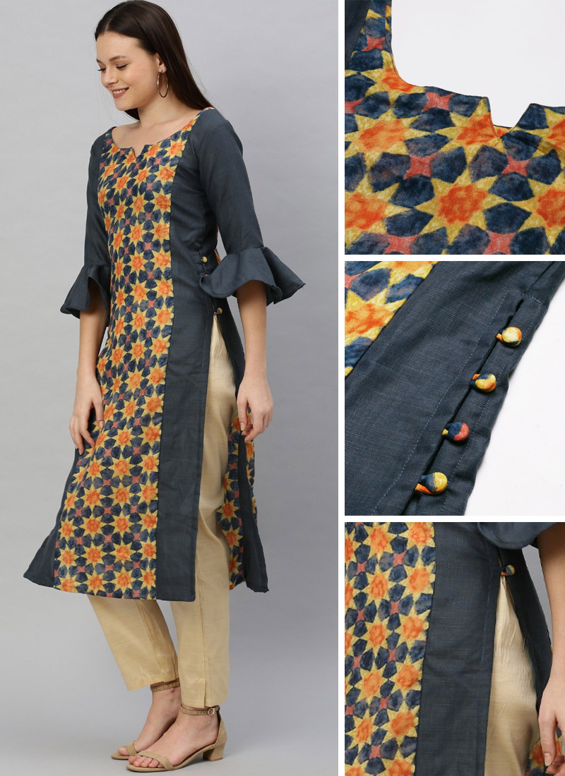 Blue Multicolored Printed Calf Length Kurti After Six Wear