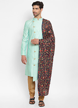 Blue N Beige Classic Sherwani With Stole