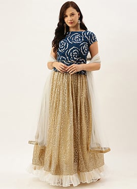 Blue N Beige Embroidered Gathered Lehenga