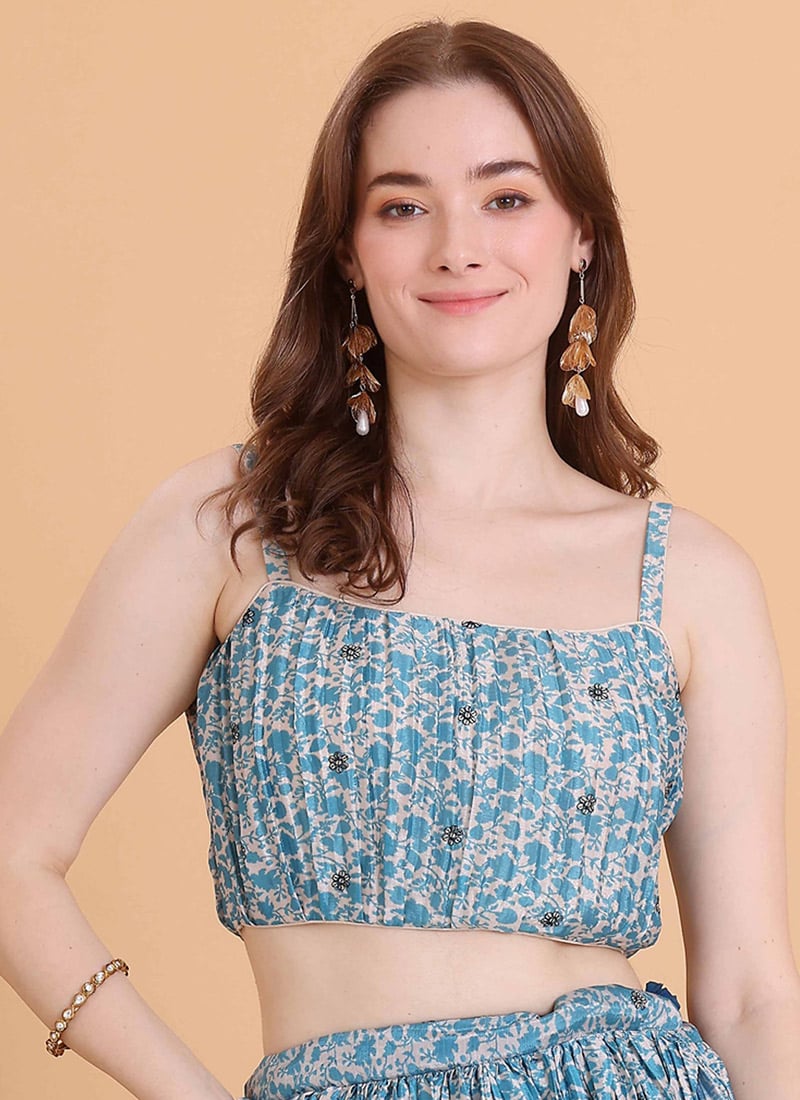 Blue N Cream Chinon Embroidered Blouse Festive Wear