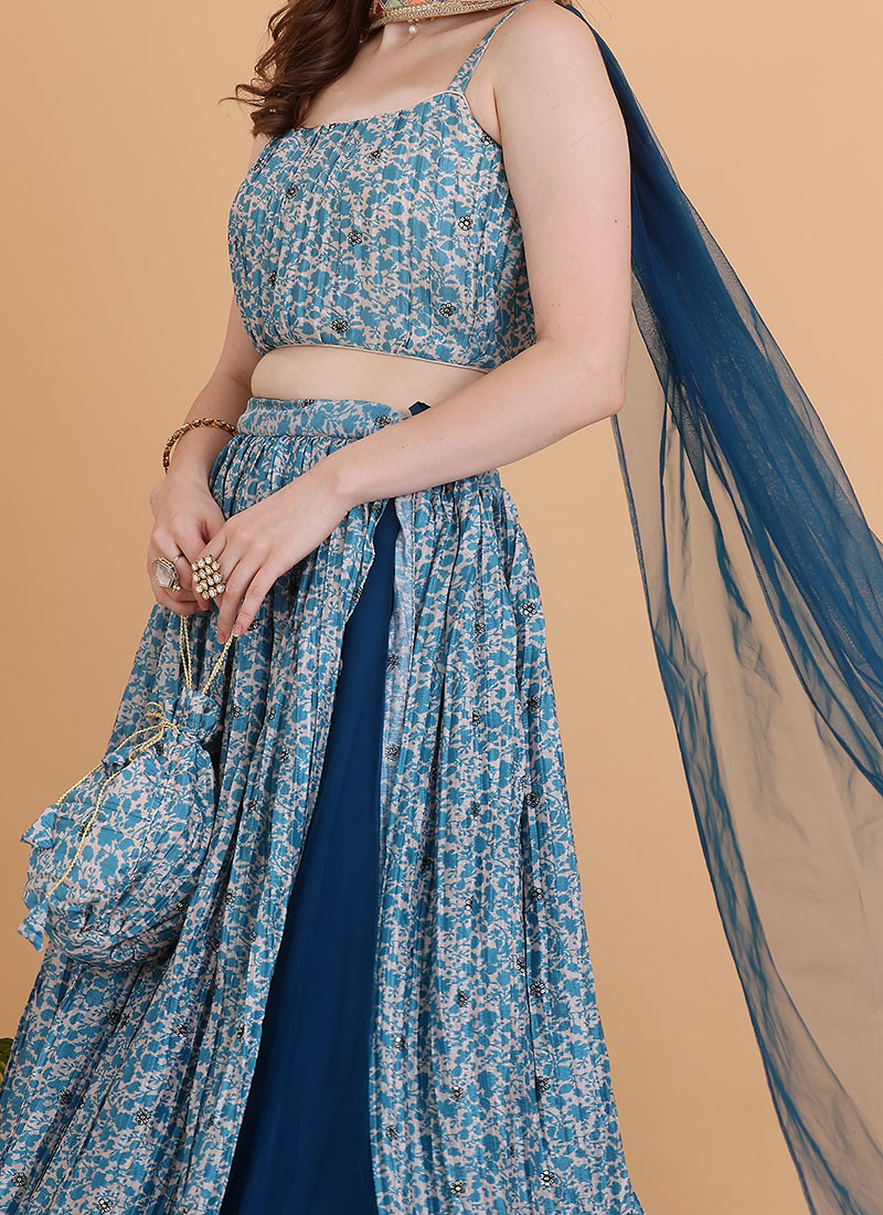 Shop Blue N Cream Chinon Lehenga Set With Potli Bag Festive Wear Online
