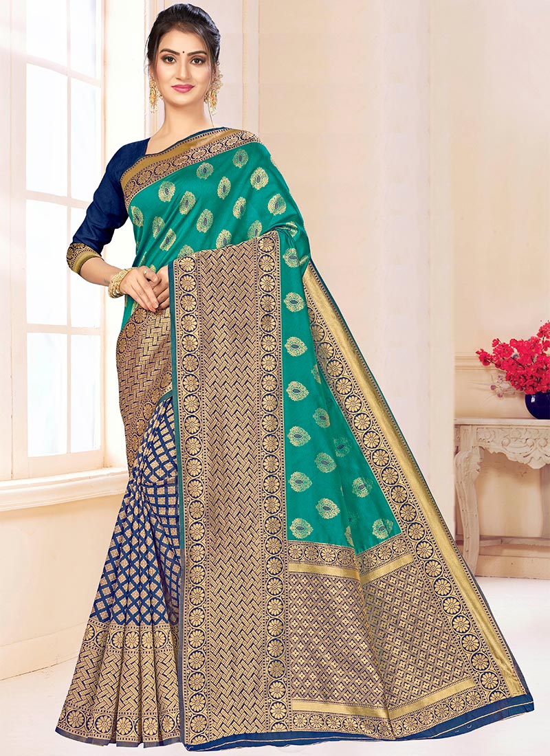 Buy Blue N Green Benarasi Silk Half N Half Saree Festive Wear Benarasi Half N Half Saree Online Shopping Sassitffssa