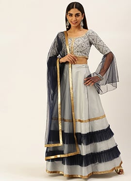 Blue N Grey Sequence Embroidered Lehenga Set