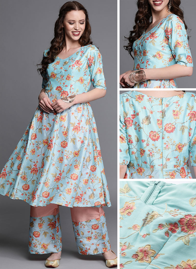 Blue N Pink Embroidered Kurta N Wide Leg Pant Festive Wear