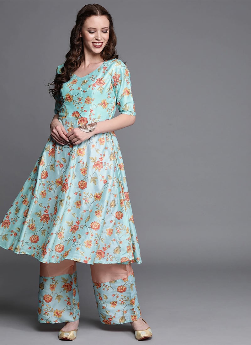 Blue N Pink Embroidered Kurta N Wide Leg Pant