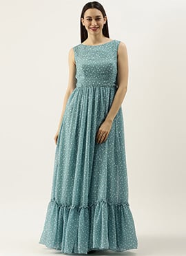 Blue N White Digital Printed Georgette Tiered Dress