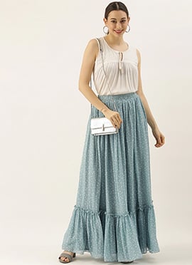 Blue N White Digital Printed Georgette Tiered Skirt