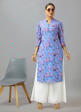 Teen Girls Blue N White Georgette Kurta Palazzo Set