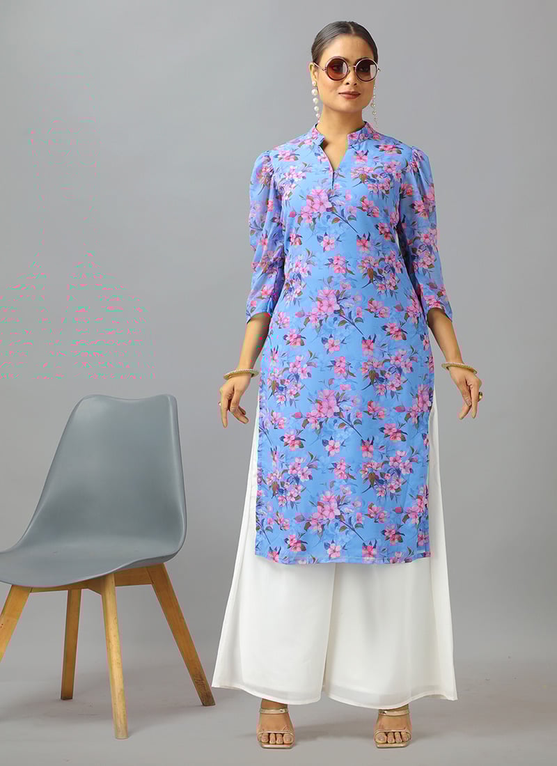 Blue N White Georgette Kurta Palazzo Set