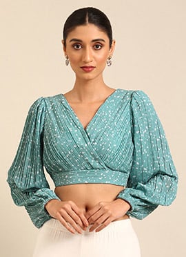 Blue N White Printed Pleated Georgette Blouse