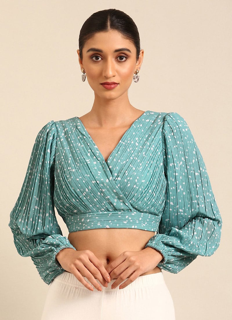 Blue N White Printed Pleated Georgette Blouse