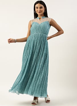 Blue N White Printed Pleated Georgette Gown