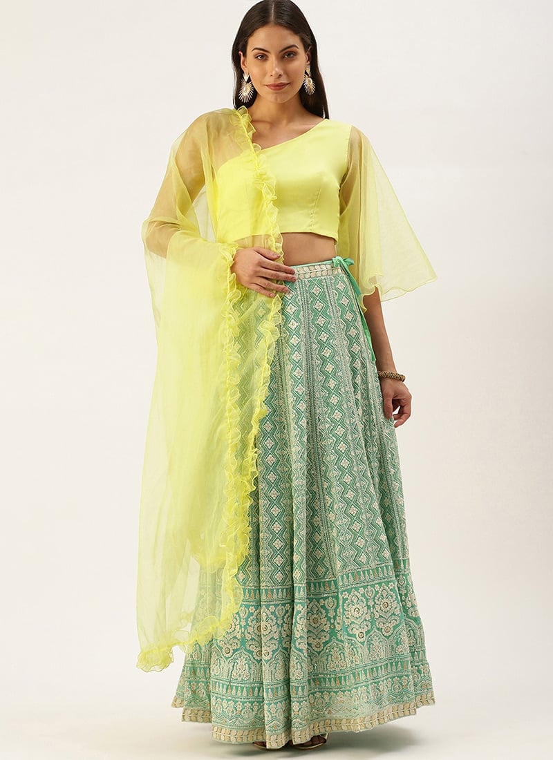 Blue N Yellow Embroidered Kali Lehenga Set Festive Wear