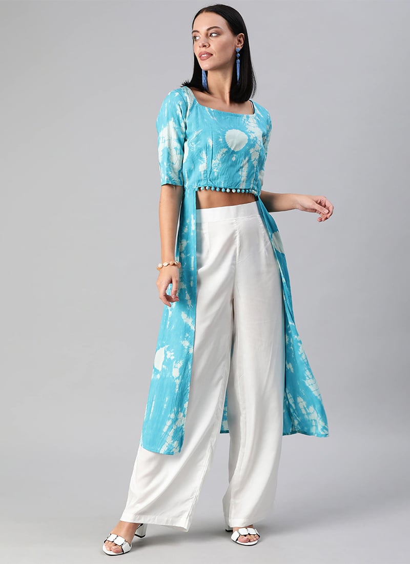 Blue N white Long Top N Wide Leg Bottom