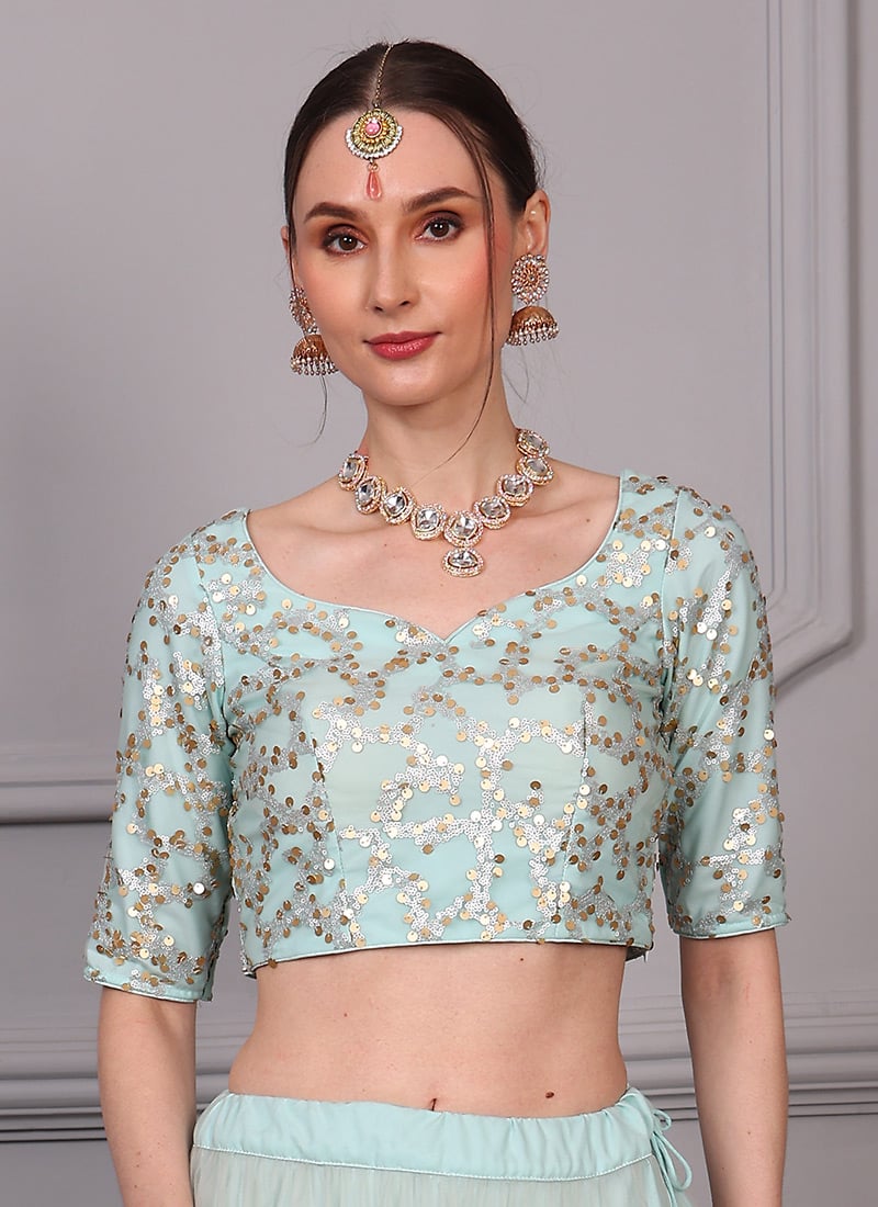 Blue Net Embroidered Blouse Festive Wear