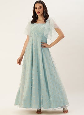Blue Net Embroidered Gown