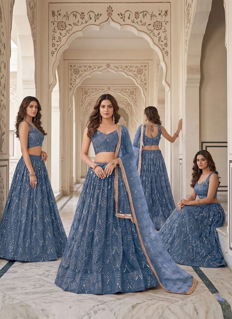 Blue Net Embroidered Umbrella Lehenga Wedding Wear