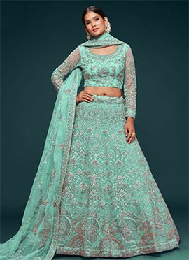 Blue Net Embroidered Work Umbrella Lehenga Choli