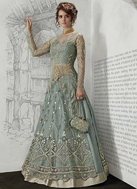 Blue Net Embroidery Long choli Lehenga