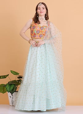 Blue Net N Multicolored Embroidered Lehenga Set