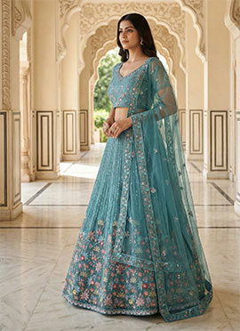 Blue Net Sequins Embroidered A Line Lehenga