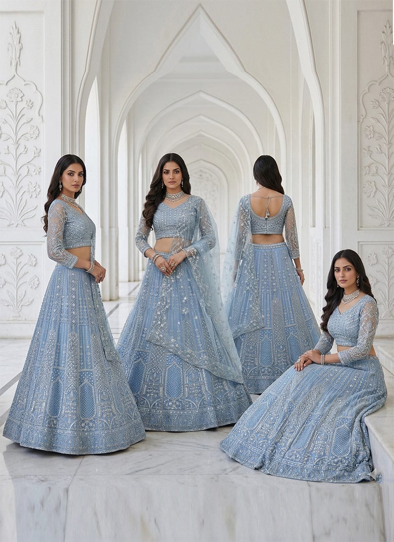 Blue Net Sequins Embroidered Coding Umbrella Lehenga Wedding Wear