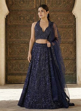 Blue Net Sequins Embroidered Umbrella Lehenga