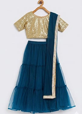 Kids Girls Blue Net Sequins Kids Lehenga Choli