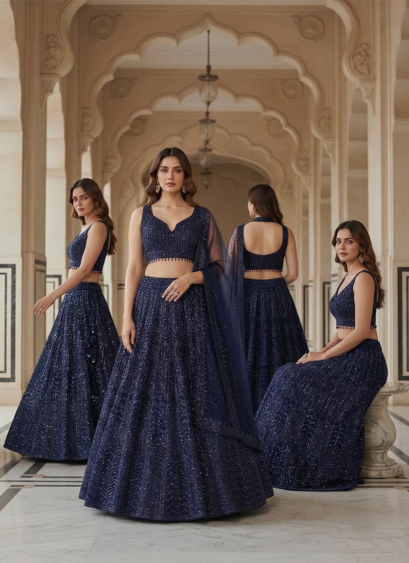 Blue Net Zari Sequins Embroidered Lehenga Wedding Wear