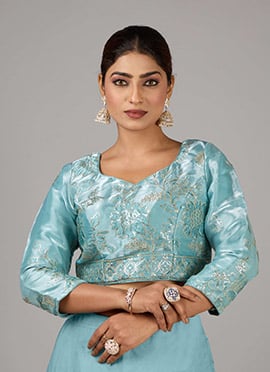 Blue Organza Embroidered Sweetheart Neck Blouse