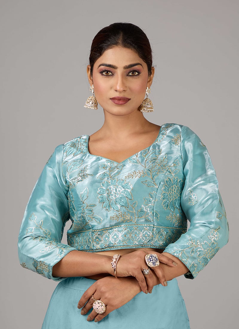 Blue Organza Embroidered Sweetheart Neck Blouse Festive Wear