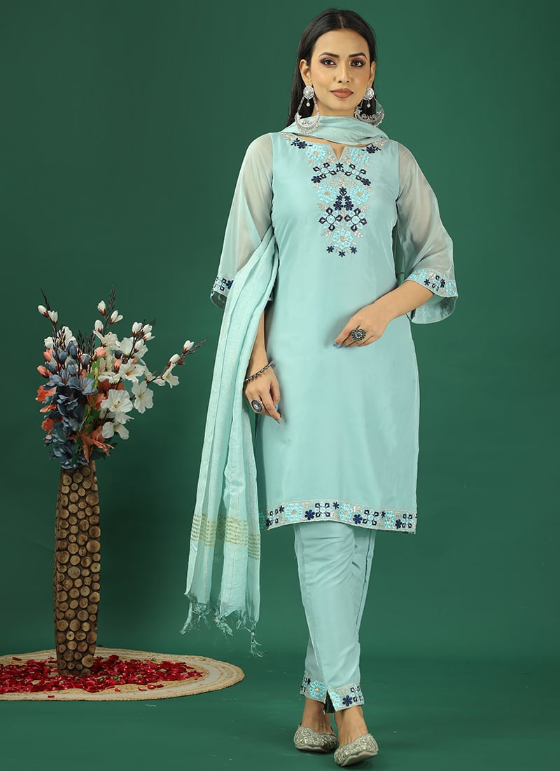 Teen Girls Blue Organza Embroidred Straight Pant Suit