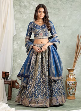 Blue Organza Tissue Zari Gota Embroidered Lehenga Wedding Wear