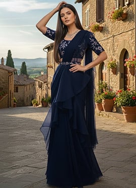 Blue Organza Zari Sequins Hand Embroidered Cutdana Lehenga Saree