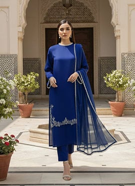 Blue Organza Zari Work Straight Pant Suit
