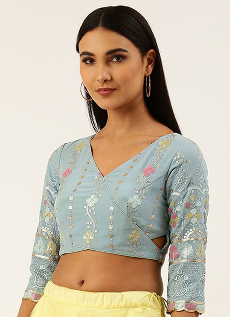 Blue Overlapped Style Blouse with Side Keyhole Wedding Wear