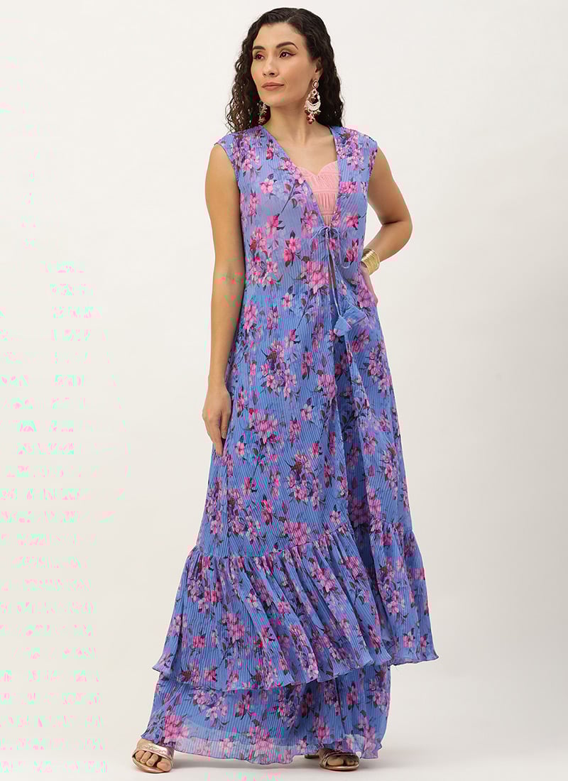 Blue Pleated Georgette Printed Jacket Set Party Wear