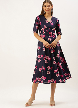 Blue Printed Art Silk Fit And Flare Dress