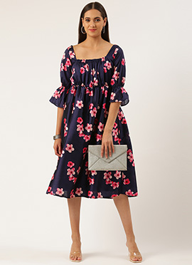 Blue Printed Art Silk Dress