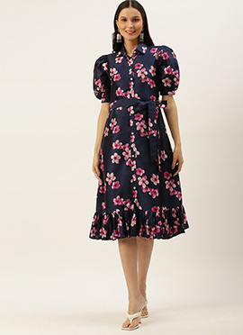 Blue Printed Art Silk Shirt Dress