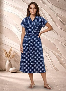 Blue Printed Cotton Belted Midi Dress