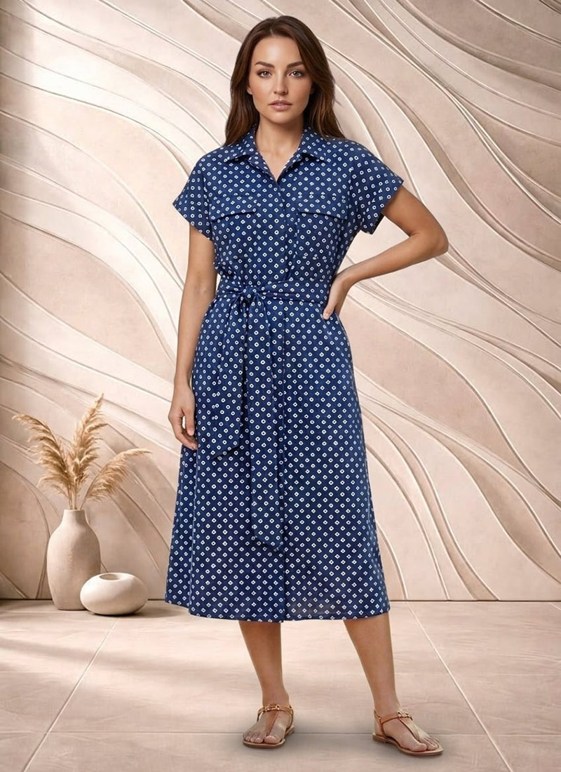 Blue Printed Cotton Belted Midi Dress After Six Wear