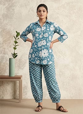 Blue Printed Cotton Co Ord Pant Set