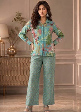 Blue Printed Cotton Co Ord Pant Set