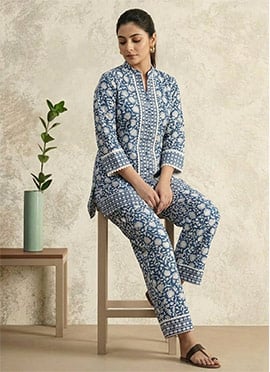 Blue Printed Cotton Co Ord Pant Set